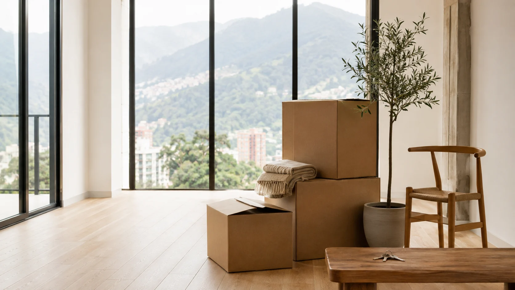Escena conceptual de cajas y llaves para una nueva etapa